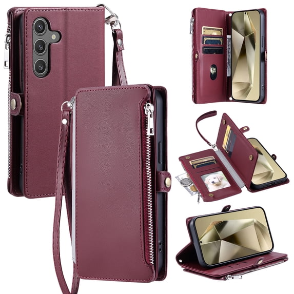 ELEHOLD for Samsung Galaxy A14 5G Case, Full Body Protection Crossbody Flip Zipper Credit Card Slot Wallet Case Kickstand Shockproof Leather Case with Shoulder Strap and Wrist Strap, Winered