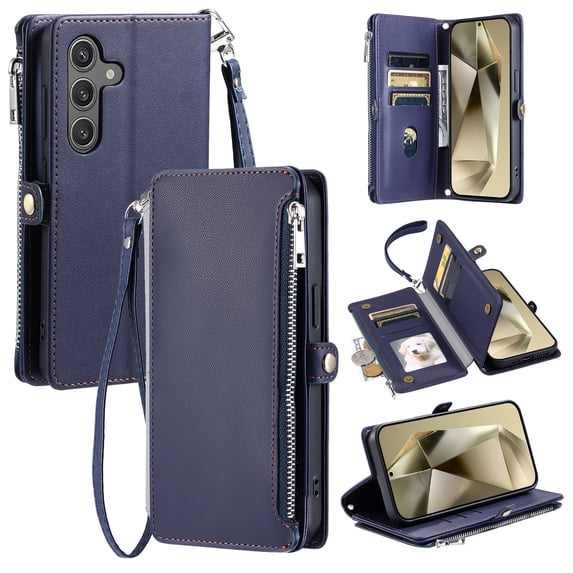 ELEHOLD for Samsung Galaxy A14 5G Case, Full Body Protection Crossbody Flip Zipper Credit Card Slot Wallet Case Kickstand Shockproof Leather Case with Shoulder Strap and Wrist Strap, Darkblue