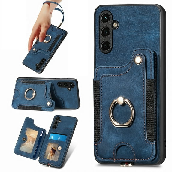 ELEHOLD for Samsung Galaxy A14 5G Case with Ring Holder, Galaxy A14 5G Wallet Case with RFID Blocking Card Holder Wristlet Strap, Magnetic Button Flip Folio Kickstand Shockproof Phone Cover,Blue