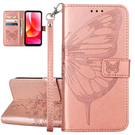 ELEHOLD for Samsung Galaxy A14 5G Case Wallet with Wrist Strap, Butterfly Embossed PU Leather Folio Flip Case with Magnetic Closure Credit Card Holder Kickstand,Rose Gold