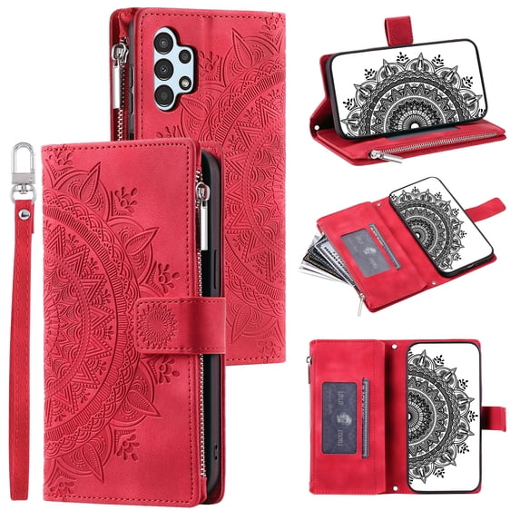 ELEHOLD for Samsung Galaxy A14 5G Multi-Function Wallet Case, Zipper Magnetic PU Leather Wrist Strap Card Holder Protective Wallet Stand for Women and Men Cover, red
