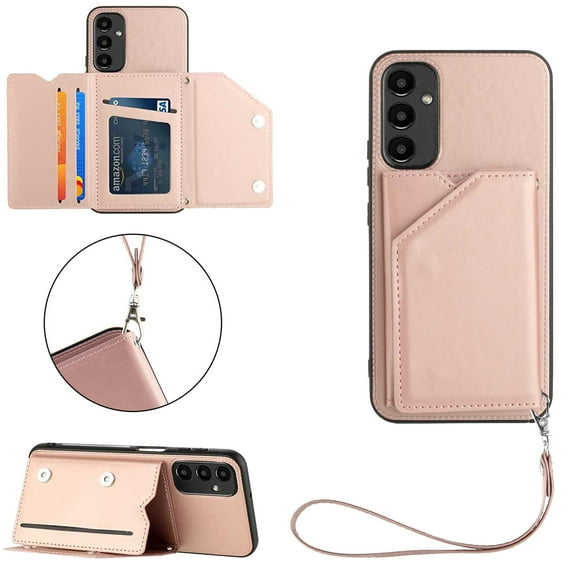 ELEHOLD for Samsung Galaxy A14 5G PU Leather Wallet Case with Card Holders Wrist Lanyard Handstrap Kickstand Function Shockproof Protective Wallet Cover for Samsung A14 5G,Rosegold