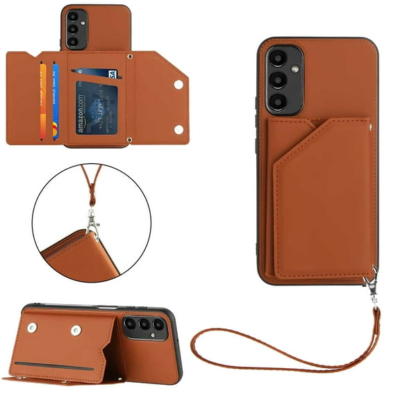 ELEHOLD for Samsung Galaxy A14 5G PU Leather Wallet Case with Card Holders Wrist Lanyard Handstrap Kickstand Function Shockproof Protective Wallet Cover for Samsung A14 5G,Brown