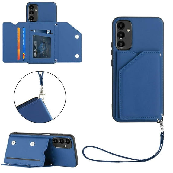 ELEHOLD for Samsung Galaxy A14 5G PU Leather Wallet Case with Card Holders Wrist Lanyard Handstrap Kickstand Function Shockproof Protective Wallet Cover for Samsung A14 5G,Blue