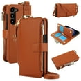 thumbnail image 1 of ELEHOLD For Samsung Galaxy A14 5G Phone Case Leather Crossbody Zipper Card Wallet Flip Case Kickstand Cover, with Ring Holder,Full Body Protection-Brown, 1 of 7