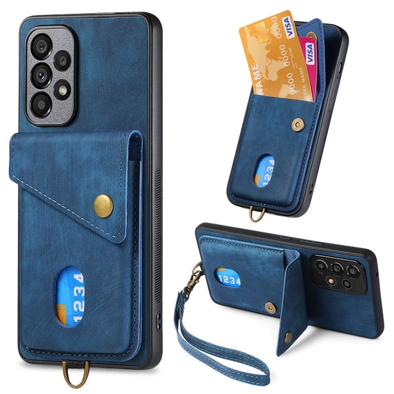ELEHOLD for Samsung Galaxy A14 5G, Wallet Case with Card Slots,Rugged Shockproof Anti Scratch Kickstand with Hand Strap Wallet Case,Support Magnetic Car Mount, blue