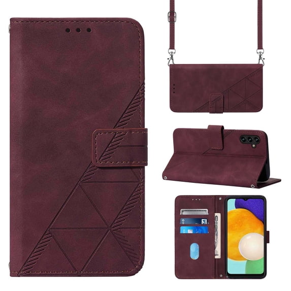 ELEHOLD for Samsung Galaxy A14 5G Wallet Case, Premium PU Leather Removable Adjustable Crossbody Shoulder Strap Magnetic Stand Card Slots Kickstand Shockproof Flip Cover Case for Women Men,Winered