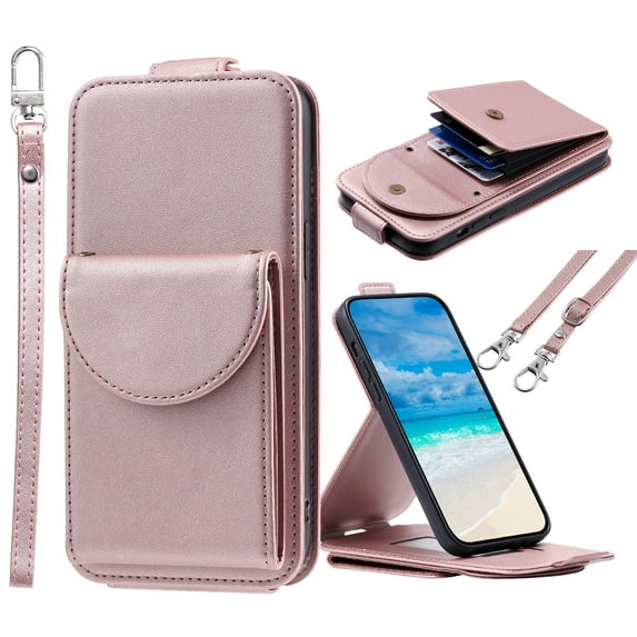ELEHOLD for Samsung Galaxy A14 5G Wallet Crossbody Case Premium PU Leather Organ Card Slots Magnetic Closure Detachable Wrist Lanyard Shoulder Strap Flip Shockproof Galaxy A14 5G Cover,Rosegold