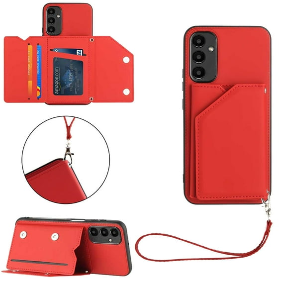 ELEHOLD for Samsung Galaxy A15/A15 5G PU Leather Wallet Case with Card Holders Wrist Lanyard Handstrap Kickstand Function Shockproof Protective Wallet Cover for Samsung A15/A15 5G,Red