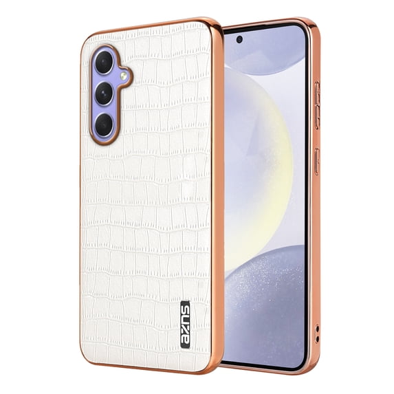ELEHOLD for Samsung Galaxy A15 Case,Compatible with MagSafe Luxury PU Leather Embossed Crocodile Pattern Plating Edge Shockproof Full Protection Case for Samsung Galaxy A15,White