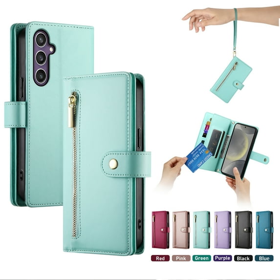 ELEHOLD for Samsung Galaxy A15 Flip Case, Wallet Zipper Magnetic Buckle Kickstand Wrist Strap Multifunctional Card Slots Wallet Business Case with Crossbody and Wrist Strap,Mint