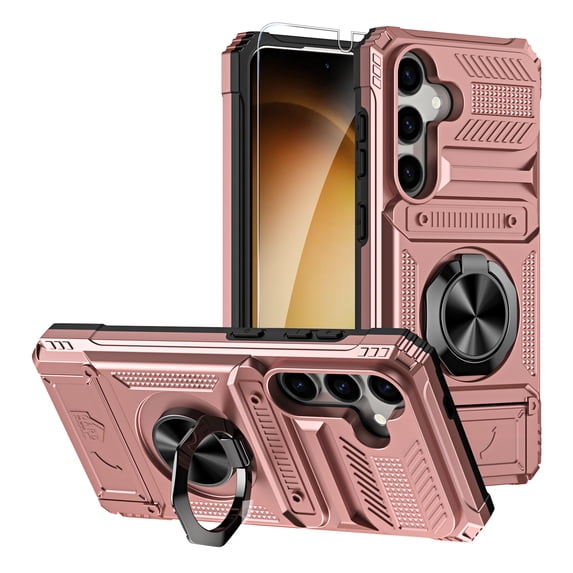 ELEHOLD for Samsung Galaxy A15 Rugged Hard Case with Metal Ring Holder Kickstand Work with Magnetic Car Mount Hidden Card Slot Pocket Shockproof Armor Cover with 1 Pack Screen Protector,Rosegold