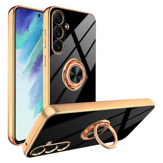ELEHOLD for Samsung Galaxy A15 Slim Case Electroplating Frame Design All-inclusive Lens Protection Metal Ring Holder Stand Function Shockproof Lightweight Case for Galaxy A15 - Black