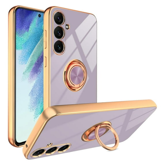ELEHOLD for Samsung Galaxy A15 Slim Case Electroplating Frame Design All-inclusive Lens Protection Metal Ring Holder Stand Function Shockproof Lightweight Case for Galaxy A15 - Lightpurple