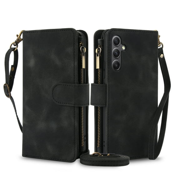 ELEHOLD for Samsung Galaxy A15 Wallet Case,Flip Leather Women Men Credit Card Cash Slot Zipper Kickstand Shockproof Protective Case with Crossbody Wrist Strap for Samsung Galaxy A15,Black