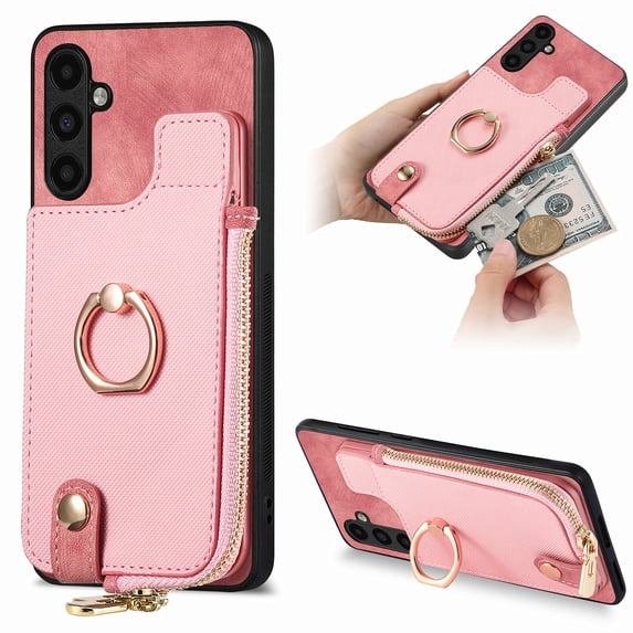ELEHOLD for Samsung Galaxy A15 Zipper Wallet Case, Galaxy A15 with Back Card Holders Metal Ring Holder Kickstand Function Leather Shockproof Card Wallet Case for Business Women Men,Pink