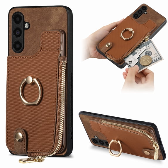 ELEHOLD for Samsung Galaxy A15 Zipper Wallet Case, Galaxy A15 with Back Card Holders Metal Ring Holder Kickstand Function Leather Shockproof Card Wallet Case for Business Women Men,Brown