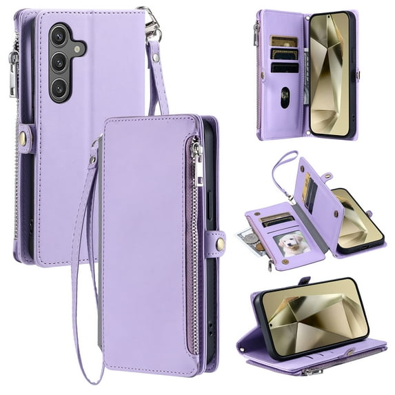 ELEHOLD for Samsung Galaxy A16 5G Case, Full Body Protection Crossbody Flip Zipper Credit Card Slot Wallet Case Kickstand Shockproof Leather Case with Shoulder Strap and Wrist Strap, Purple