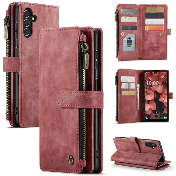 ELEHOLD for Samsung Galaxy A16 5G Case for Men Women Wallet Case, Premium Leather Shockproof Purse Case with Credit Card Slots Zipper Pocket Anti-Loss Wriststrap Samsung Galaxy A16 5G,Red