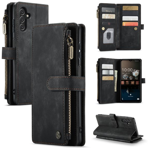 ELEHOLD for Samsung Galaxy A16 5G Case for Men Women Wallet Case, Premium Leather Shockproof Purse Case with Credit Card Slots Zipper Pocket Anti-Loss Wriststrap Samsung Galaxy A16 5G,Black