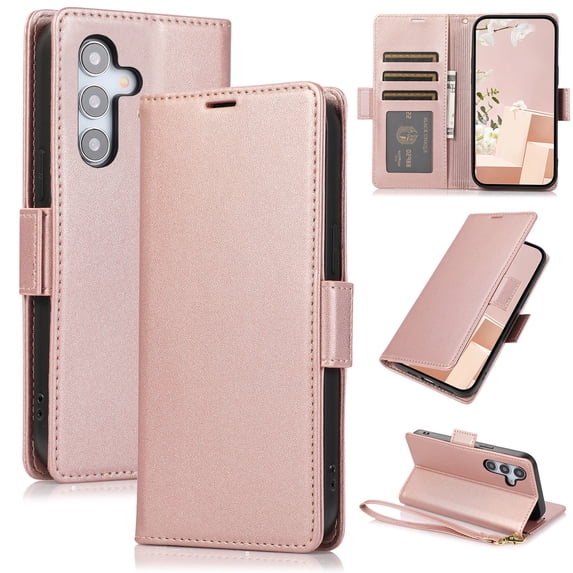 ELEHOLD For Samsung Galaxy A16 5G Case,PU Leather Flip Cover Card Holder Kickstand Feature Full Protection Wallet Case Cover with Wrist Strap For Samsung Galaxy A16 5G, Rosegold
