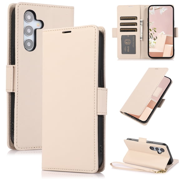 ELEHOLD For Samsung Galaxy A16 5G Case,PU Leather Flip Cover Card Holder Kickstand Feature Full Protection Wallet Case Cover with Wrist Strap For Samsung Galaxy A16 5G, Apricot