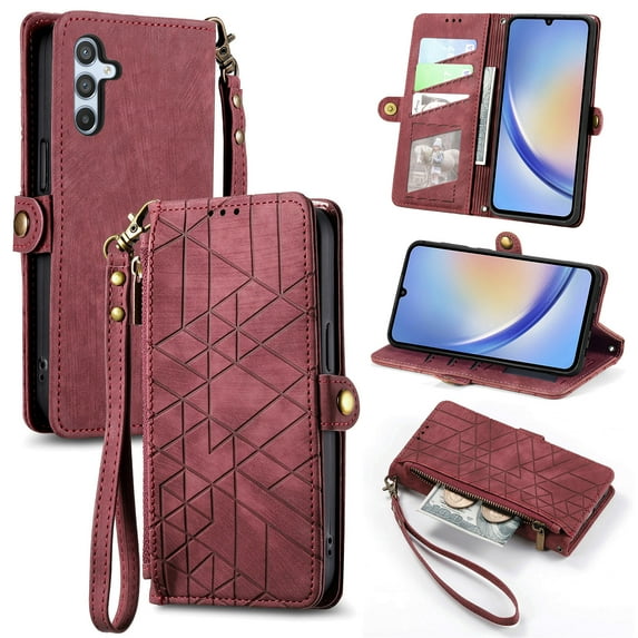 ELEHOLD for Samsung Galaxy A16 5G Flip Wallet Case, Shockproof Premium Vintage PU Leather Magnetic Geometric Handbag Zipper Pocket Card Holders Kickstand Wrist Strap, Red