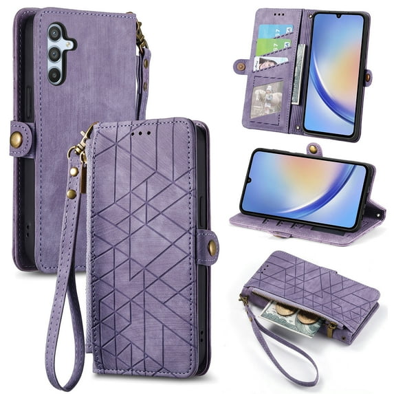ELEHOLD for Samsung Galaxy A16 5G Flip Wallet Case, Shockproof Premium Vintage PU Leather Magnetic Geometric Handbag Zipper Pocket Card Holders Kickstand Wrist Strap, Purple