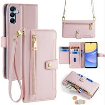 ELEHOLD for Samsung Galaxy A16 5G Wallet Case Crossbody, Zipper Phone Case with Card Holder Large Capacity Wrist Strap Leather Purse Cover for Women Men for Samsung Galaxy A16 5G,Pink