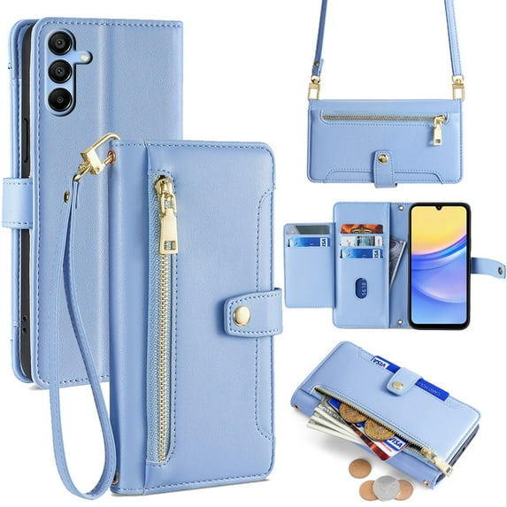 ELEHOLD for Samsung Galaxy A16 5G Wallet Case Crossbody, Zipper Phone Case with Card Holder Large Capacity Wrist Strap Leather Purse Cover for Women Men for Samsung Galaxy A16 5G,Blue