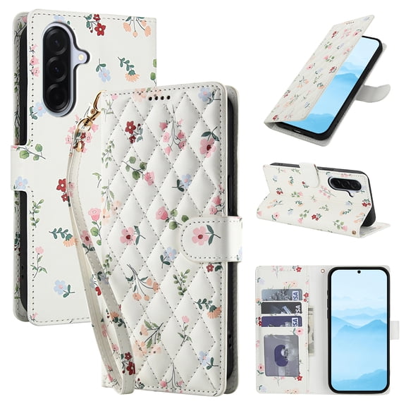 ELEHOLD for Samsung Galaxy A16 5G Wallet Case, Floral Flower PU Leather Shockproof Flip Kickstand Card Slots Wallet Phone Case With Wrist Strap For Women Girl,Pink