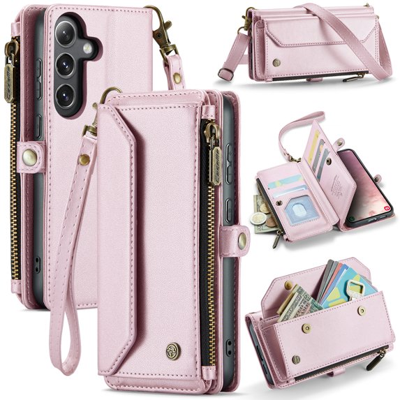 ELEHOLD for Samsung Galaxy A16 5G Wallet Case,Support Wireless Charging PU Leather RFID Blocking Card Holder Kickstand Flip Shockproof Case with Crossbody/Wristlet Strap ,Pink