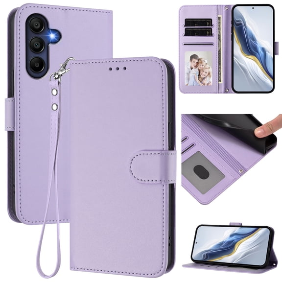 ELEHOLD For Samsung Galaxy A17 5G Flip PU Leather Wallet Case with Credit Card Slot RFID Blocking Kickstand Shock-Absorbent TPU Magnetic Protective Cover With Lanyard,Lightpurple