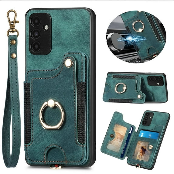 ELEHOLD for Samsung Galaxy A21s Case with Ring Holder, Galaxy A21s Wallet Case with RFID Blocking Card Holder Wristlet Strap, Magnetic Button Flip Folio Kickstand Shockproof Phone Cover,Green