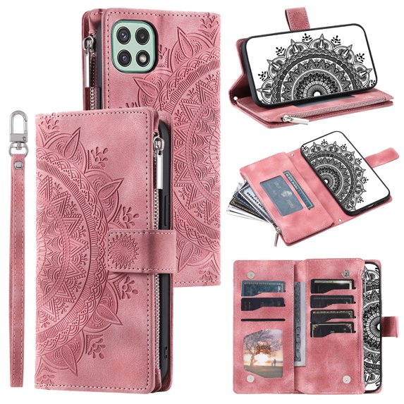 ELEHOLD for Samsung Galaxy A22 4G Multi-Function Wallet Case, Zipper Magnetic PU Leather Wrist Strap Card Holder Protective Wallet Stand for Women and Men Cover, pink