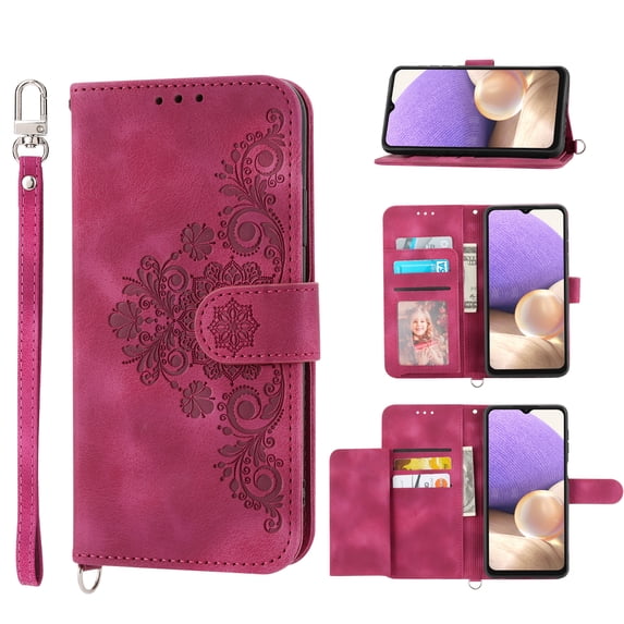 ELEHOLD for Samsung Galaxy A22 4G Shoulder Crossbody Wallet Case with Card Slots, Floral Embossed PU Leather Wallet Flip Protective Kickstand Wrist Strap Cover, winered