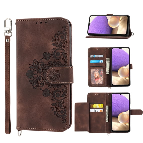 ELEHOLD for Samsung Galaxy A22 4G Shoulder Crossbody Wallet Case with Card Slots, Floral Embossed PU Leather Wallet Flip Protective Kickstand Wrist Strap Cover, brown