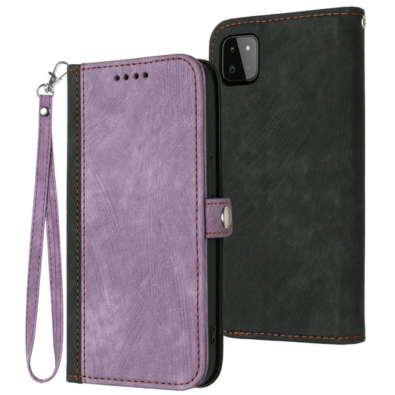 ELEHOLD for Samsung Galaxy A22 5G Wallet Case with Detachable Wrist Strap Handbag, Luxury PU Leather Flip Soft TPU Built-in Magnetic Card Slots Kickstand Function Shockproof Protective Case,Purple