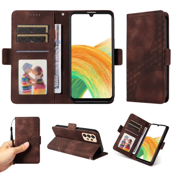 ELEHOLD For Samsung Galaxy A23 4G Leather Wallet Phone Case, Embossed Diamond Folio Flip Cover, Card Holder Cash Slot, Stand Support, Wrist Strap Lanyard -Coffee