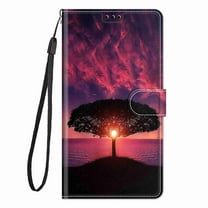 ELEHOLD for Samsung Galaxy A23 5G Credit Card Wallet Case, Shockproof Drop Protection Wireless Charging Vegan PU Leather Magnetic Adjustable Stand Cover with Wrist Strap, Setting Sun