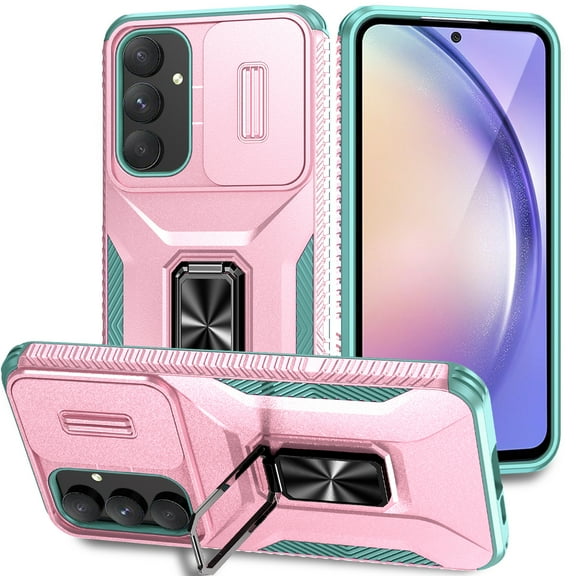 ELEHOLD for Samsung Galaxy A26 5G Case with Slide Cover Protector 360° Rotation Metal Ring Kickstand Impact-Resistant Shockproof Support Magnetic Car Mount Rugged Case ,Rosegold