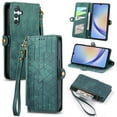 thumbnail image 1 of ELEHOLD for Samsung Galaxy A26 5G Flip Wallet Case, Shockproof Premium Vintage PU Leather Magnetic Geometric Handbag Zipper Pocket Card Holders Kickstand Wrist Strap, Green, 1 of 10