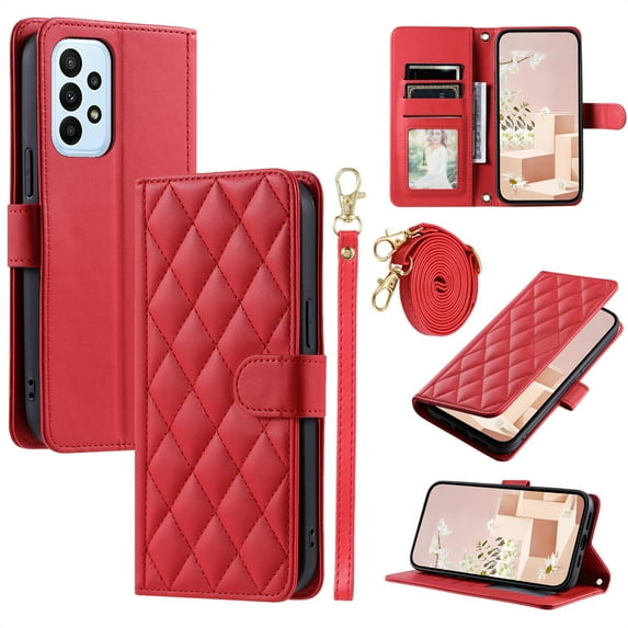 ELEHOLD for Samsung Galaxy A32 4G Wallet Crossbody Case PU Leather Cover with Card Slots Magnetic Clasp Kickstand Detachable Wriststrap Shoulder Strap Flip Shockpoof Cover,red