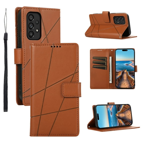 ELEHOLD for Samsung Galaxy A32 5G Flip Folio Wallet Case with Credit Card Holders Magnetic Clasp Kickstand Function Wrist Lanyard Premium PU Leather Shockproof Protective Cover,brown