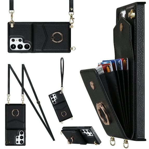 ELEHOLD for Samsung Galaxy A32 5G, Shockproof PU Leather Case with Rotation Ring Stand Adjustable Shoulder Strap,Card Slots Stand RFID Blocking Protective Case Cover, black