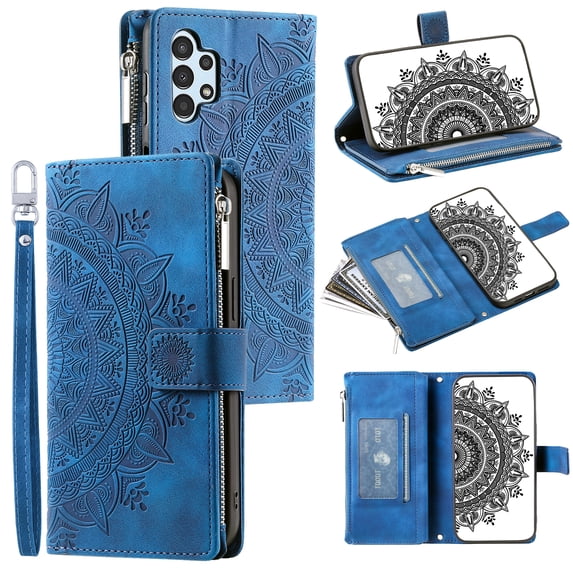 ELEHOLD for Samsung Galaxy A32 5G Wallet Case Embossed Pattern PU Leather Card Slots Zipper Pocket Stand Function Magnetic Clasp Lanyard Adjustable Shoulder Strap,Blue
