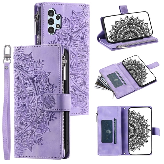 ELEHOLD for Samsung Galaxy A32 5G Wallet Case Embossed Pattern PU Leather Card Slots Zipper Pocket Stand Function Magnetic Clasp Lanyard Adjustable Shoulder Strap,Purple