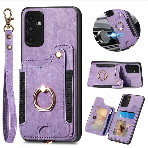 ELEHOLD for Samsung Galaxy A33 5G Case with Ring Holder, Galaxy A33 5G Wallet Case with RFID Blocking Card Holder Wristlet Strap, Magnetic Button Flip Folio Kickstand Shockproof Phone Cover,Purple