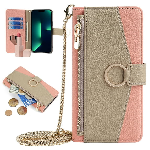 ELEHOLD for Samsung Galaxy A33 5G Leather Wallet Case with Card Slots Cash Pocket Zipper Purse Hidden Mirror,Luxury Crossbody Metal Chain Strap Wallet Case for Women Girls,pink