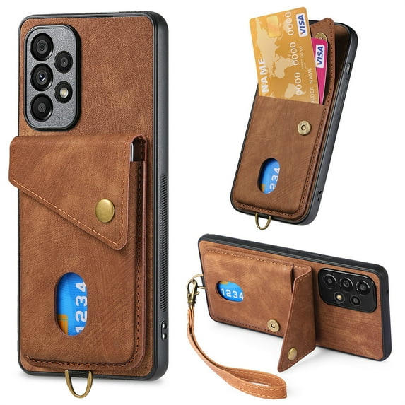 ELEHOLD for Samsung Galaxy A33 5G, Wallet Case with Card Slots,Rugged Shockproof Anti Scratch Kickstand with Hand Strap Wallet Case,Support Magnetic Car Mount, brown